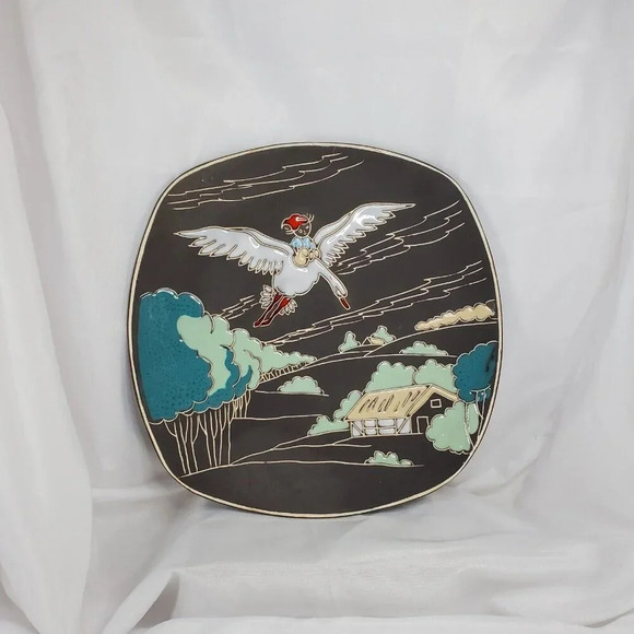 Norwegian Pottery Folk Art Black Plate Handmade NORWAY signed Nilo Holgerson 734 - Picture 2 of 11